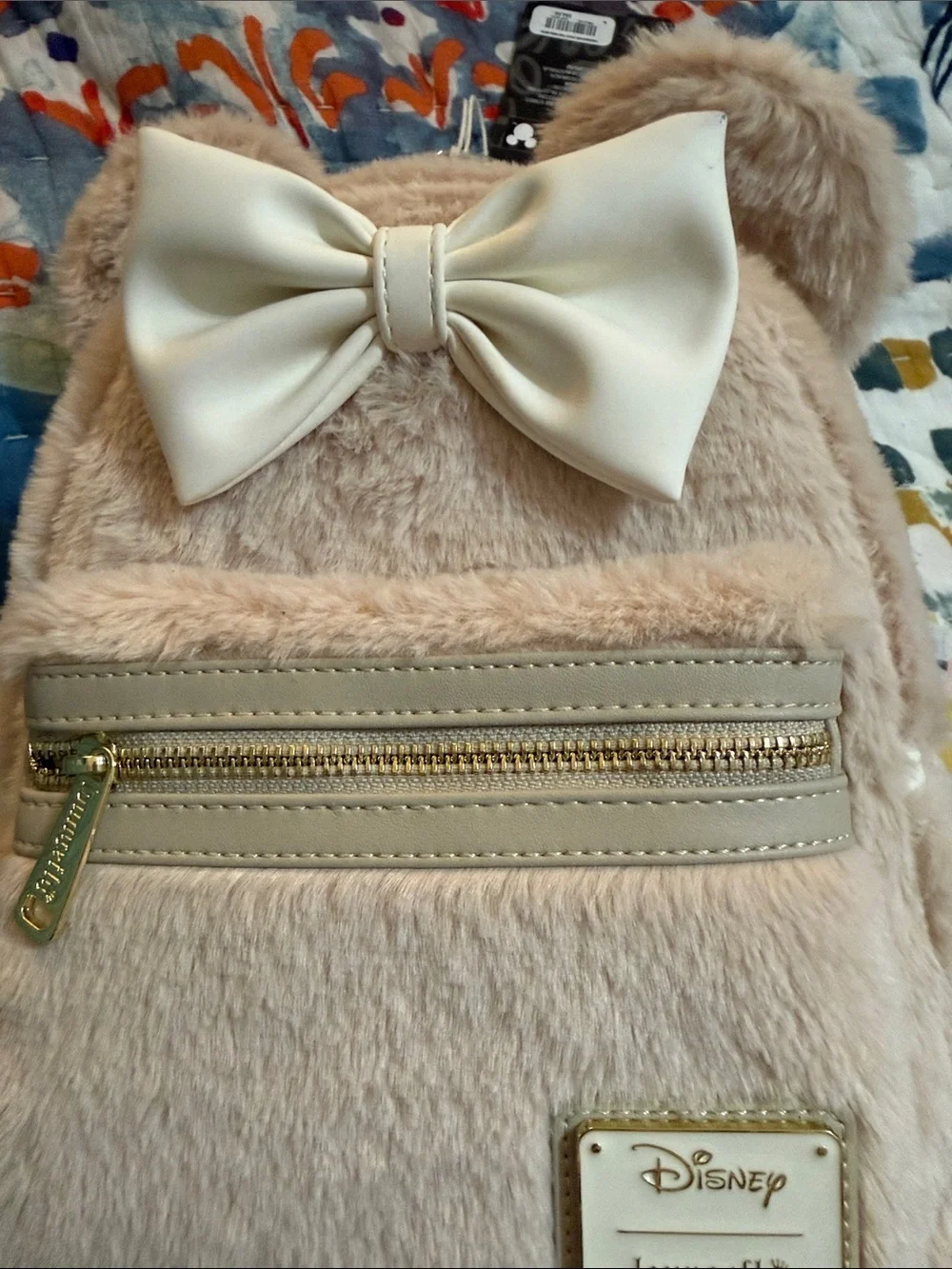 Loungefly Cream Faux Fur Kids Backpack with Cream Bow and Gold Accents